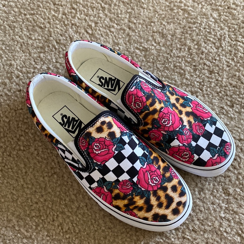 Woman’s checkered, floral, and cheetah print vans